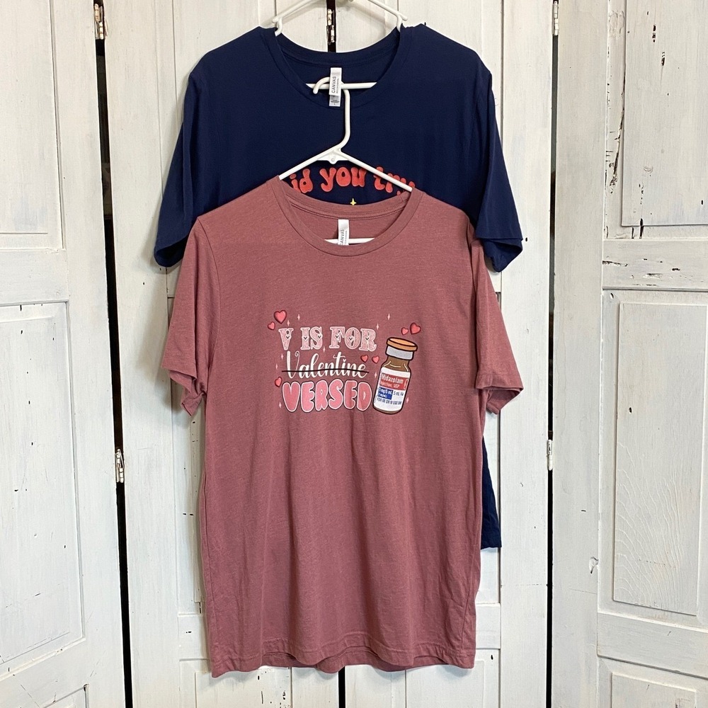 Nurse‎ Graphic T-Shirt Lot of 2 Versed Valentine & Icing It Navy Mauve L Funny